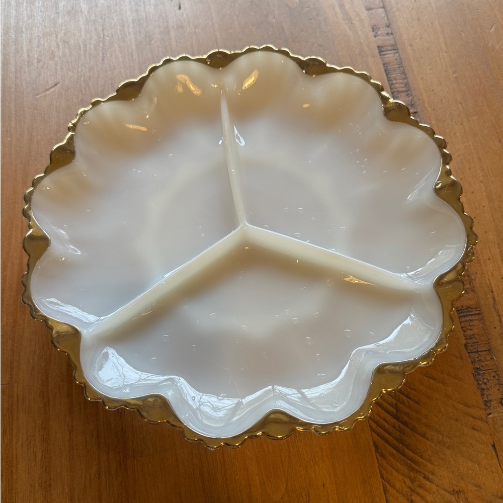 Vintage Fire-King Milk Glass Divided Relish Tray Gold Trim